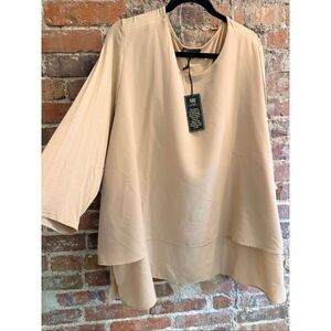 DG2 DIANE GILMAN • Tan Flowy Layered Mixed Fabric 3/4 Sleeve Top • Plus Size 3X